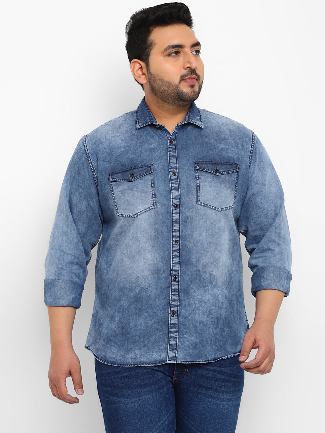 Plus Men's Blue Full Sleeve Regular Fit Casual Denim Shirt