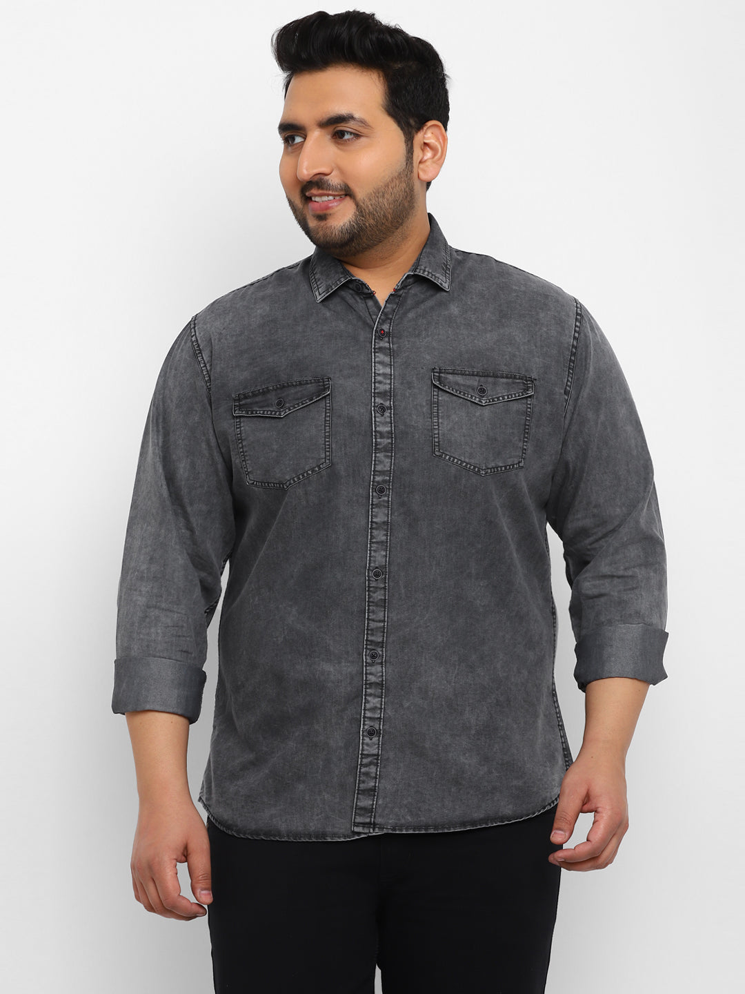 Plus Men's Grey Full Sleeve Regular Fit Casual Denim Shirt