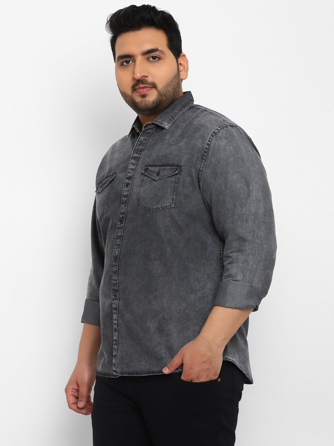 Plus Men's Grey Full Sleeve Regular Fit Casual Denim Shirt