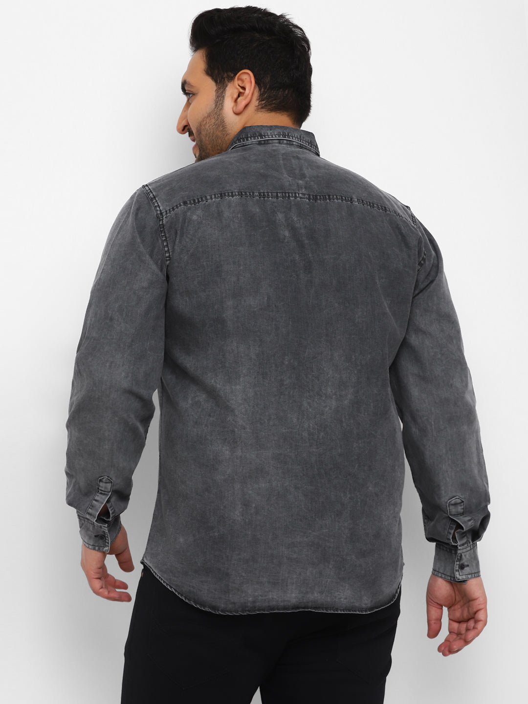 Plus Men's Grey Full Sleeve Regular Fit Casual Denim Shirt