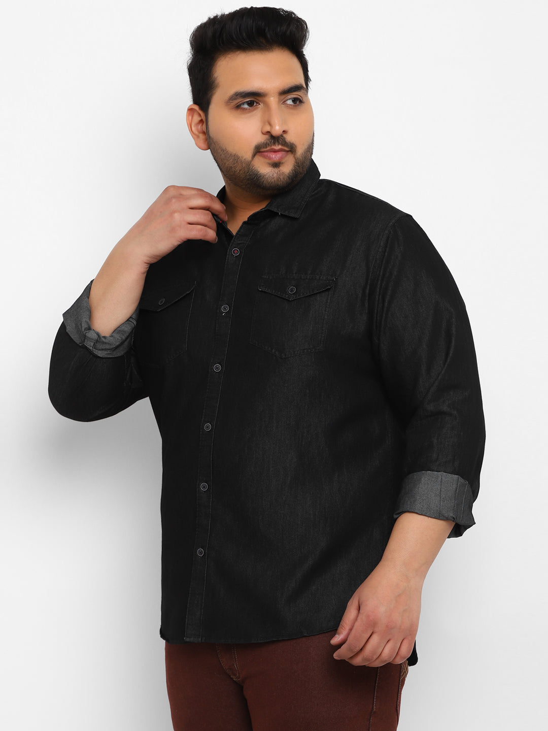 Plus Men's Black Full Sleeve Regular Fit Casual Denim Shirt