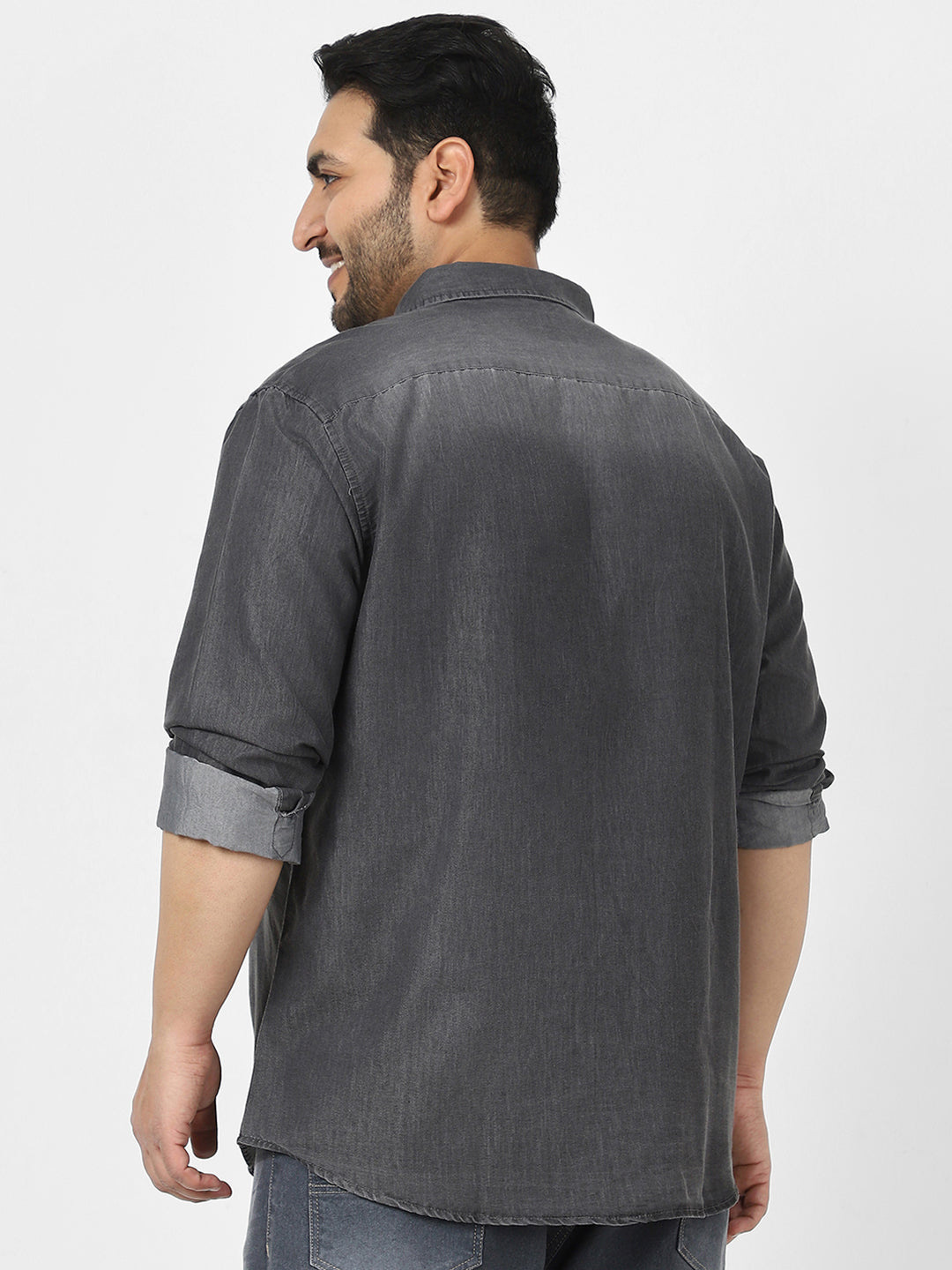 Plus Men's Grey Full Sleeve Regular Fit Casual Denim Shirt