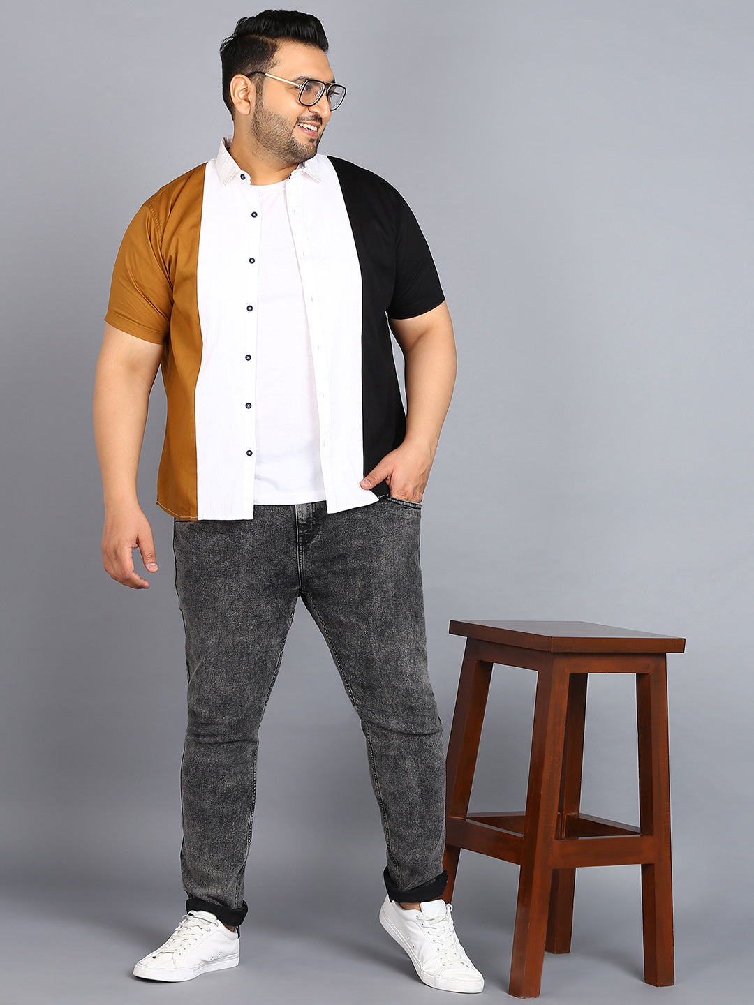 Plus Men's Beige, Off White, Black Cotton Half Sleeve Regular Fit Casual Colorblock Shirt
