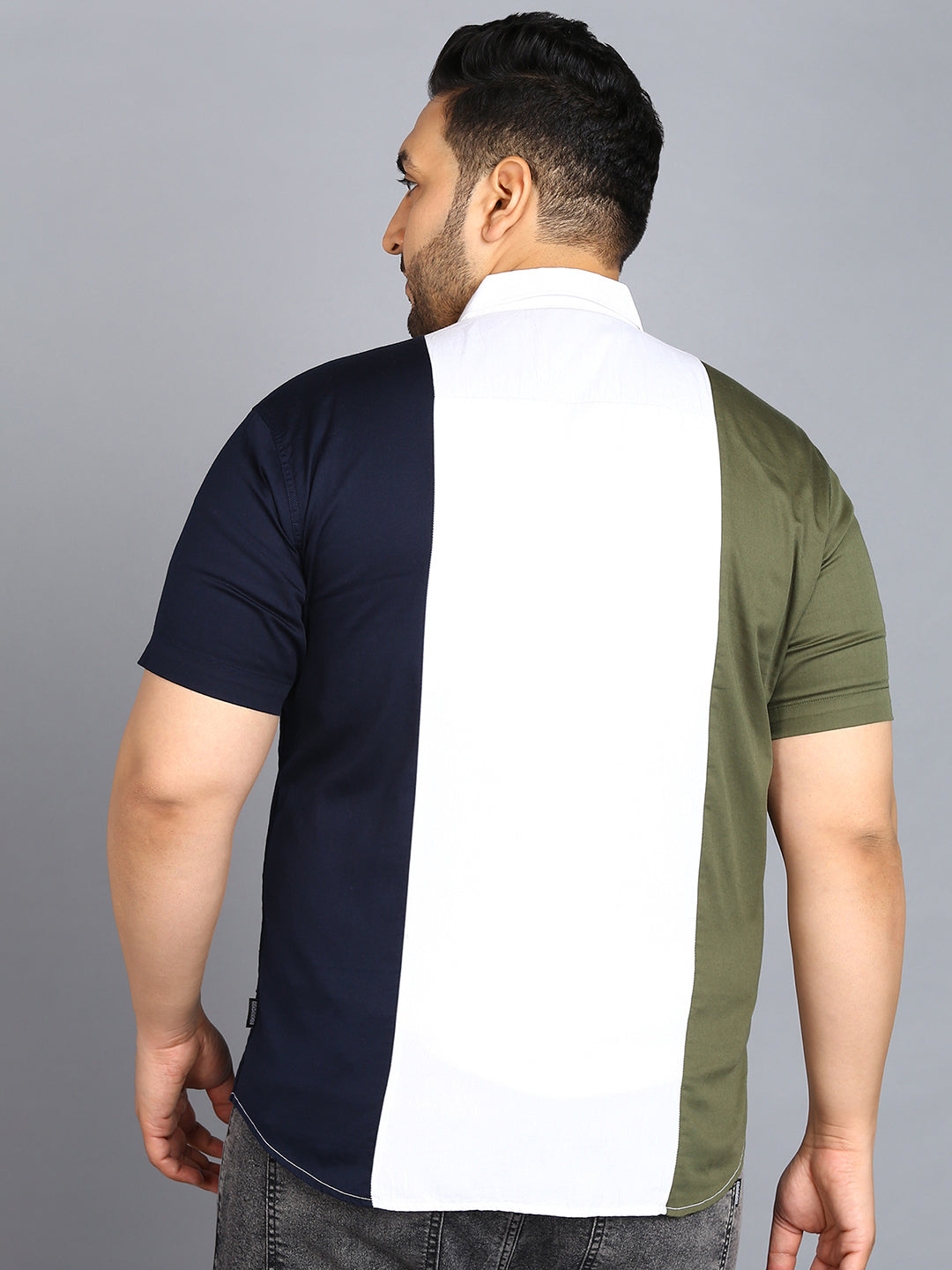 Plus Men's Blue, White, Green Cotton Half Sleeve Regular Fit Casual Colorblock Shirt