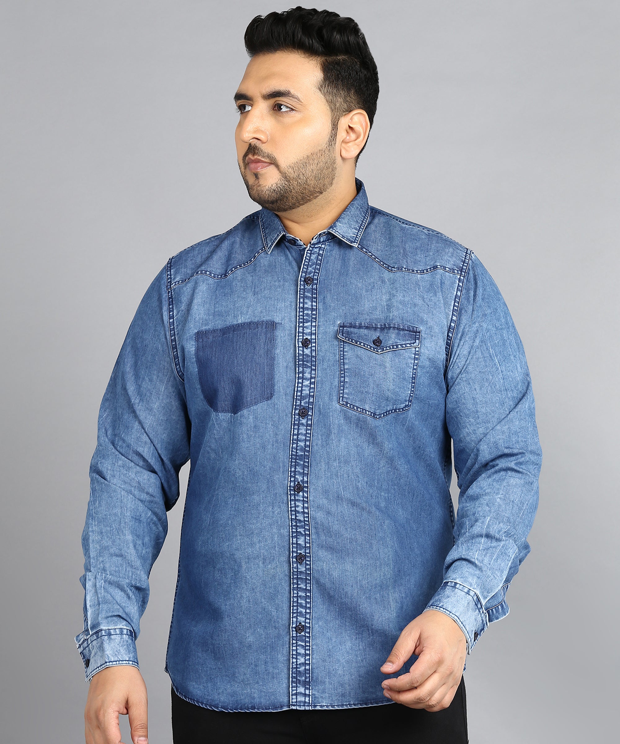 Plus Men's Blue Denim Full Sleeve Regular Fit Washed Casual Shirt