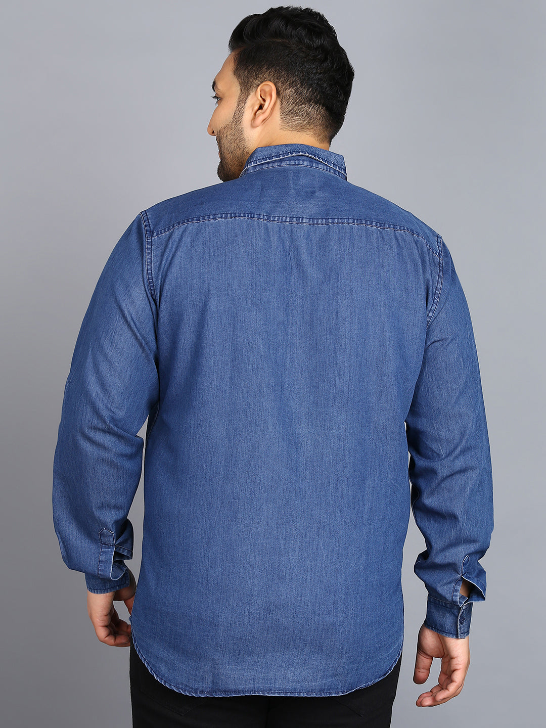 Plus Men's Blue Denim Full Sleeve Regular Fit Washed Casual Shirt