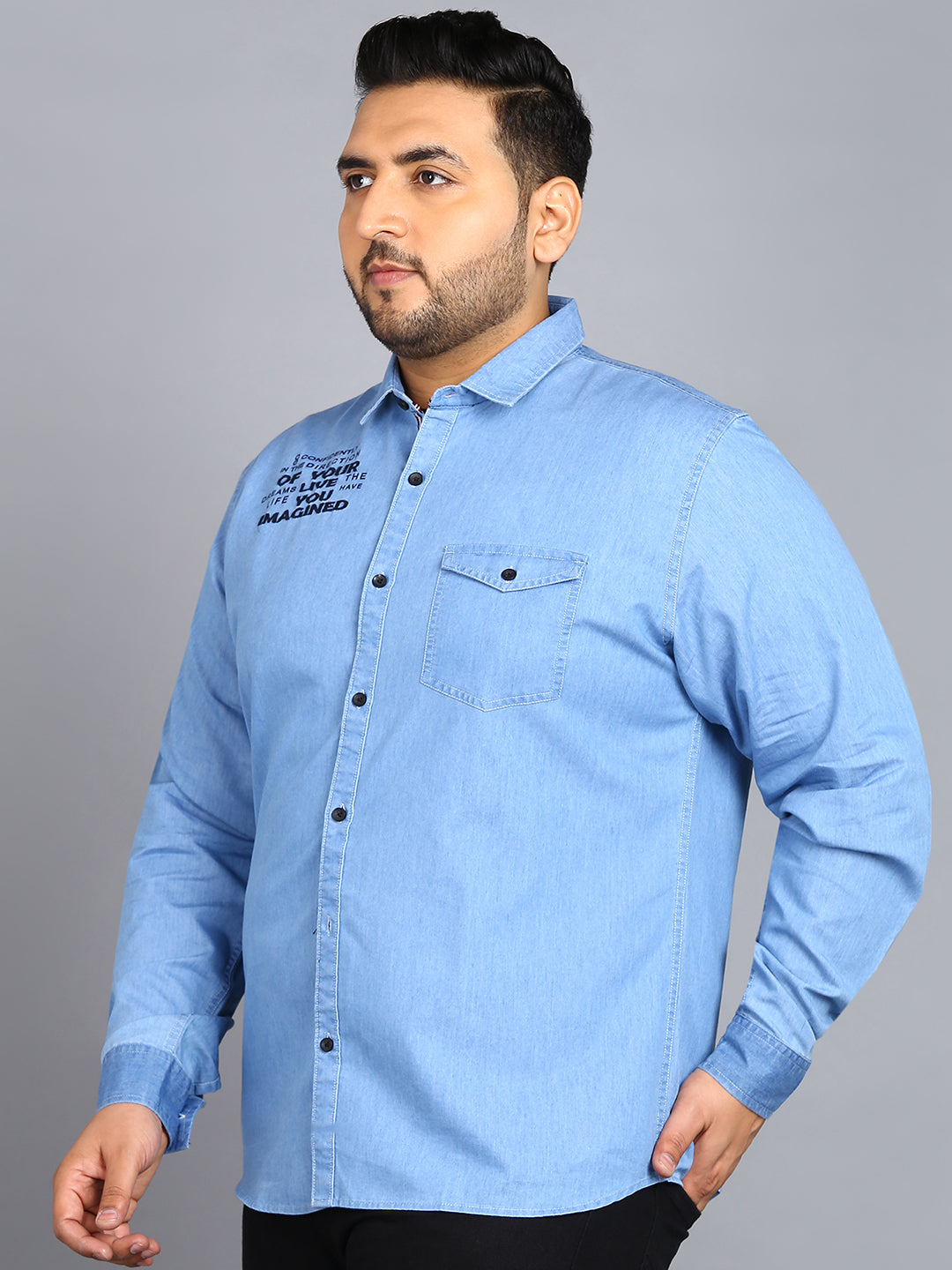 Plus Men's Ice Blue Denim Full Sleeve Regular Fit Washed Casual Shirt