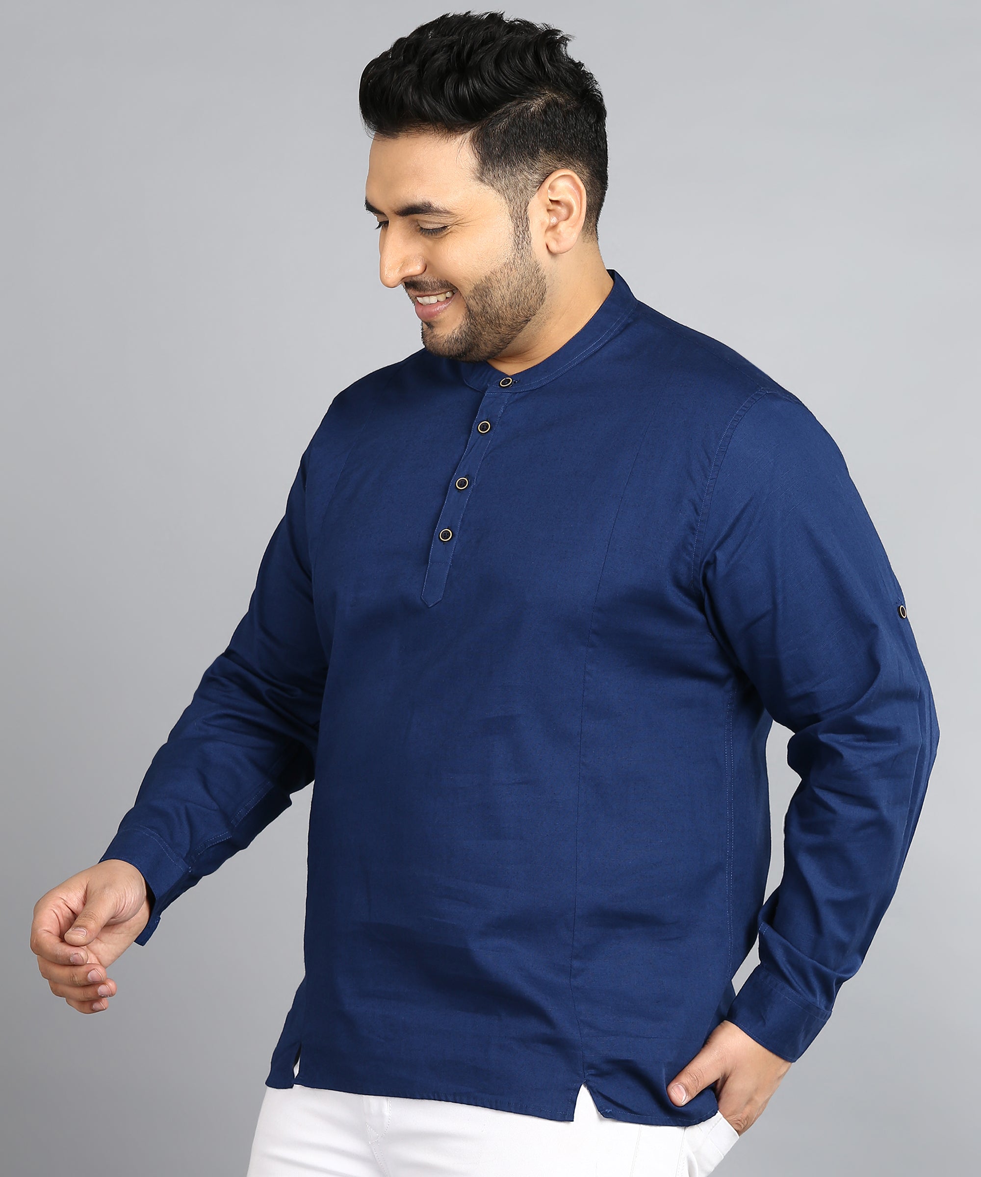 Plus Men's Blue Cotton Full Sleeve Regular Fit Casual Solid Shirt