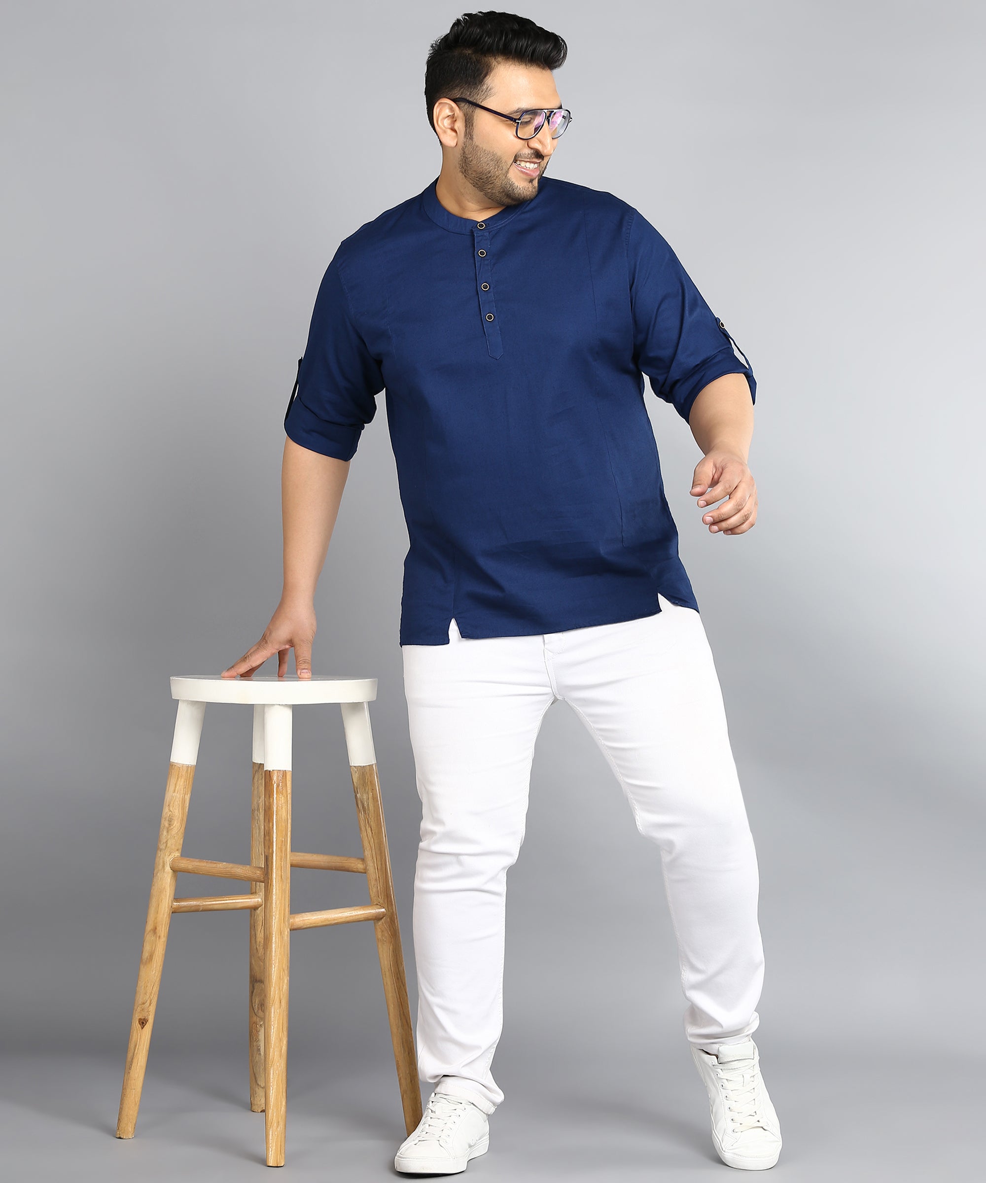 Plus Men's Blue Cotton Full Sleeve Regular Fit Casual Solid Shirt