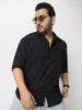 Plus Men's Black Cotton Full Sleeve Regular Fit Textured Shirt with Spread Collar