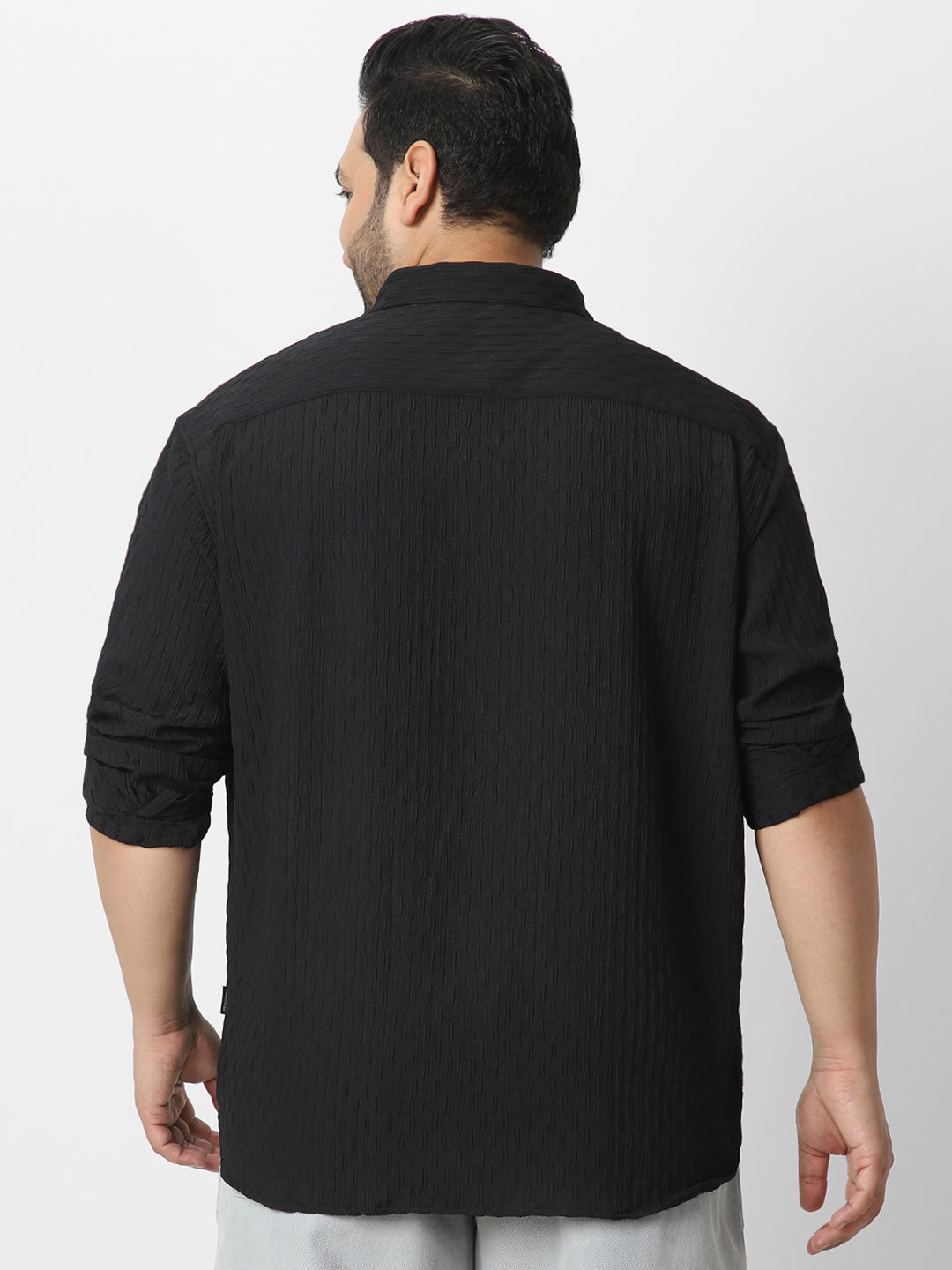 Plus Men's Black Cotton Full Sleeve Regular Fit Textured Shirt with Spread Collar