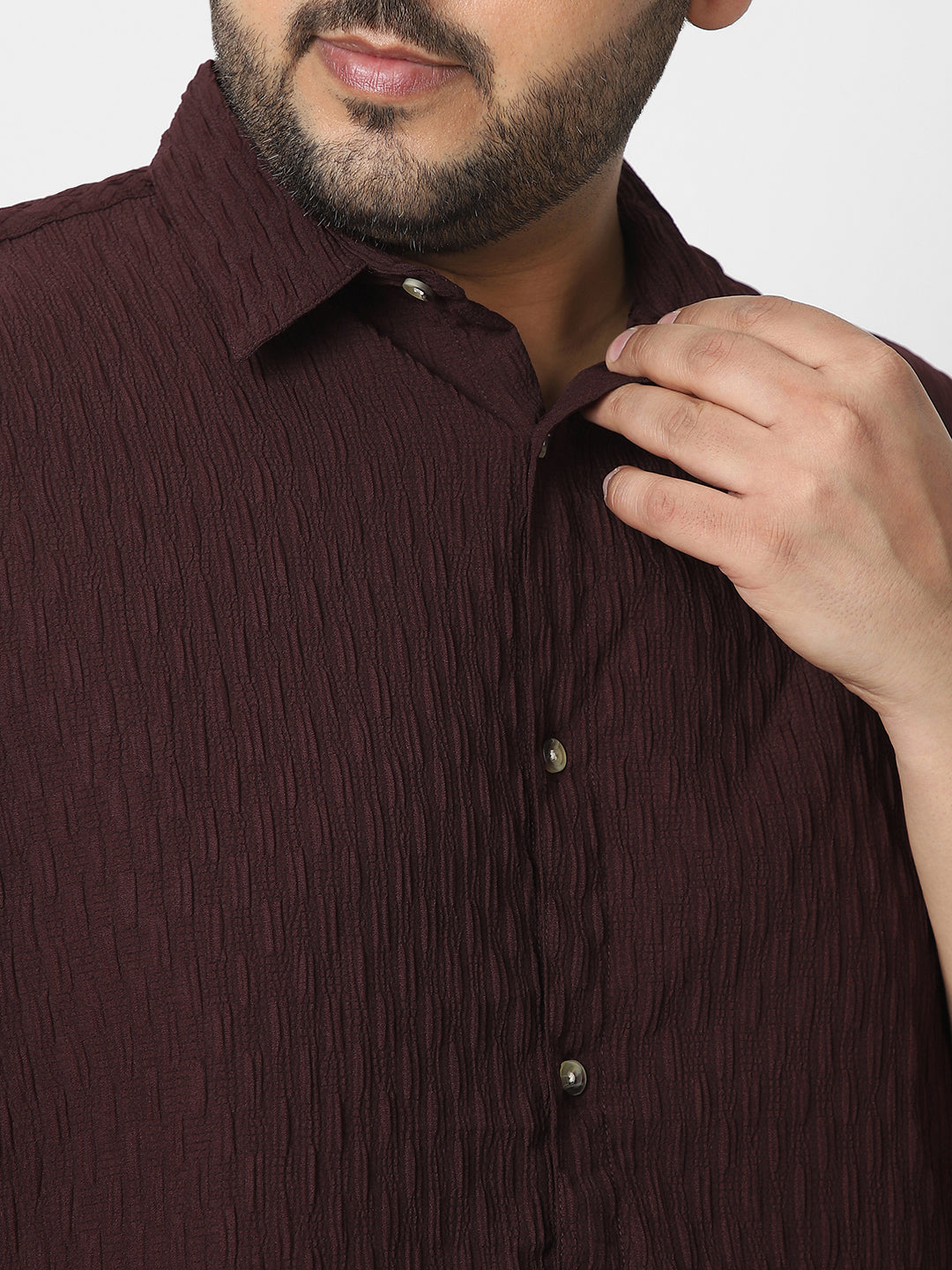 Plus Men's Maroon Cotton Full Sleeve Regular Fit Textured Shirt with Spread Collar