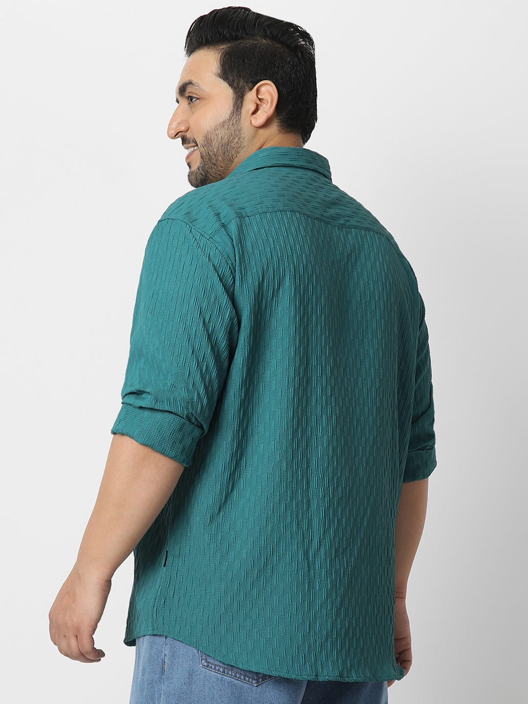 Plus Men's Turquoise Cotton Full Sleeve Regular Fit Textured Shirt with Spread Collar