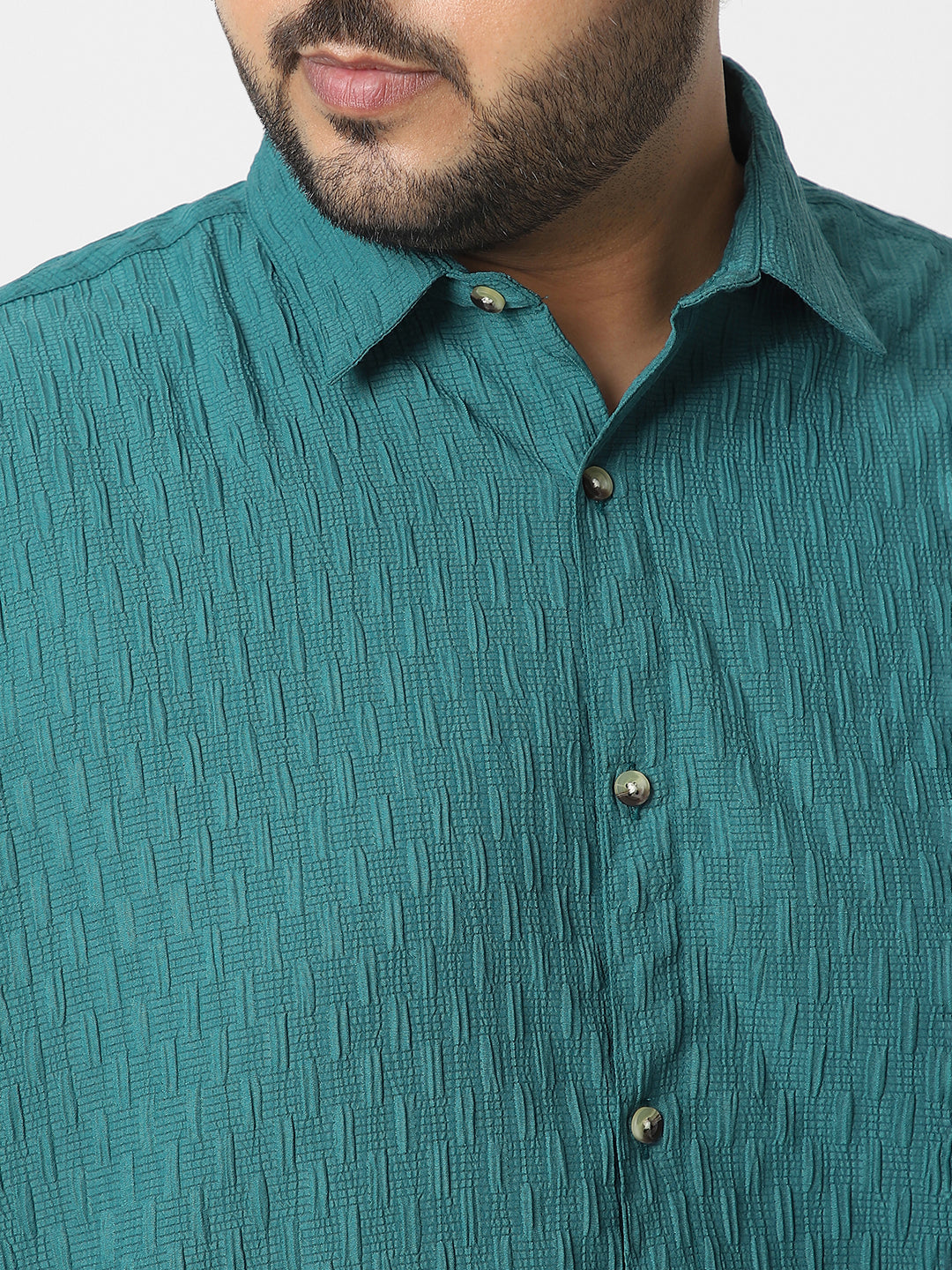 Plus Men's Turquoise Cotton Full Sleeve Regular Fit Textured Shirt with Spread Collar