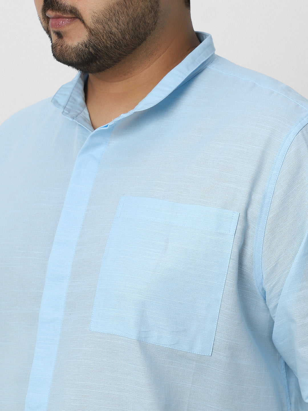 Men's Light Blue Cotton Full Sleeve Regular Fit Casual Solid Shirt with Band Collar