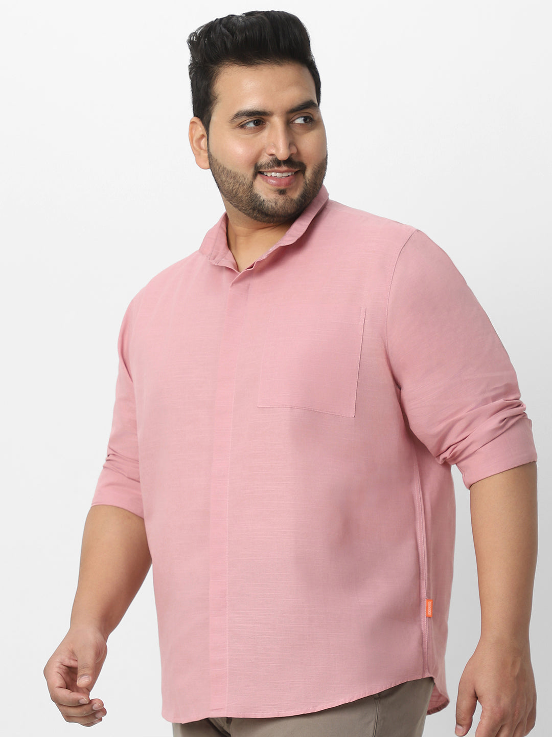 Men's Pink Cotton Full Sleeve Regular Fit Casual Solid Shirt with Band Collar