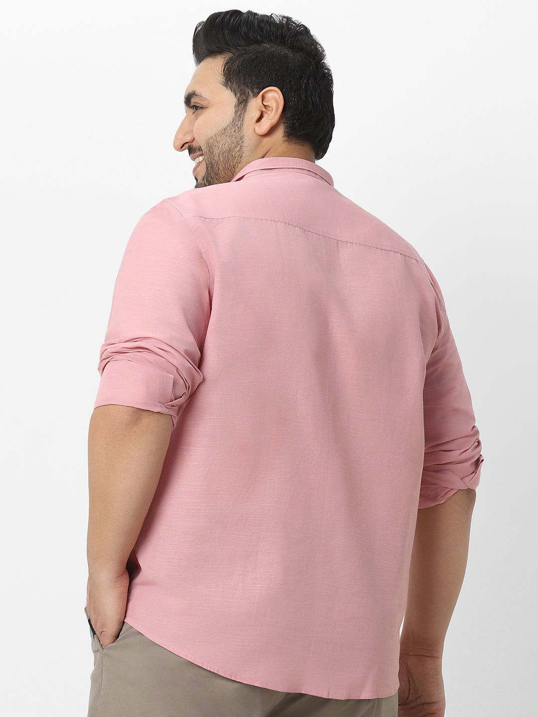 Men's Pink Cotton Full Sleeve Regular Fit Casual Solid Shirt with Band Collar