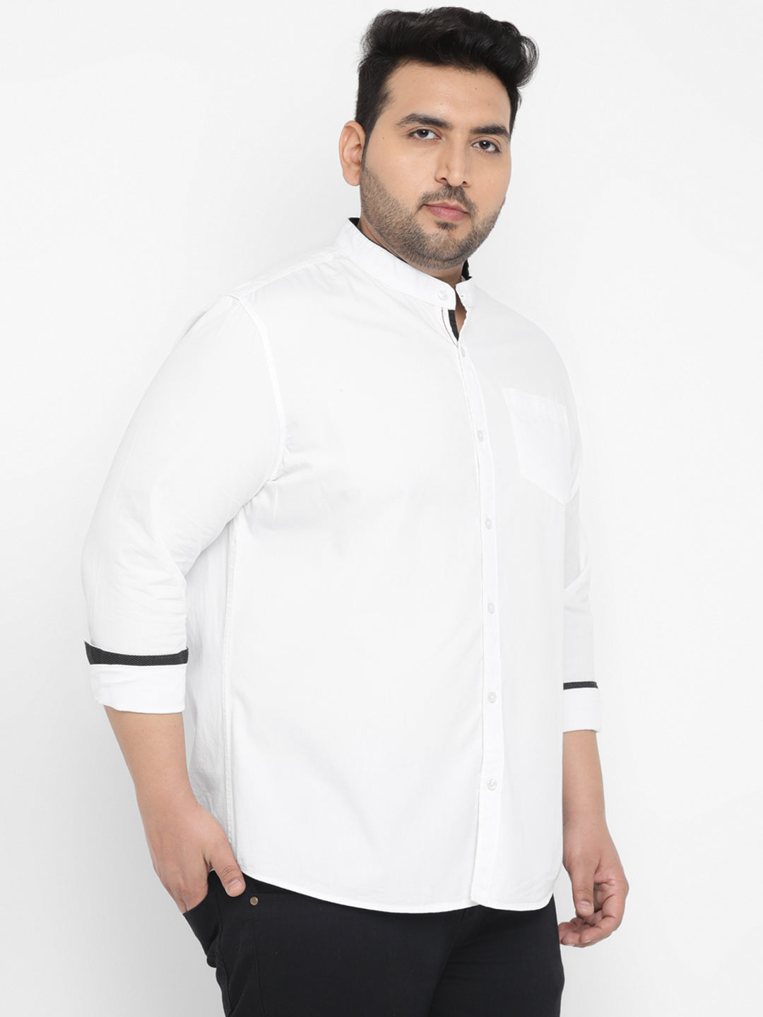 Plus Men's White Cotton Full Sleeve Regular Fit Casual Solid Shirt with Mandarin Collar