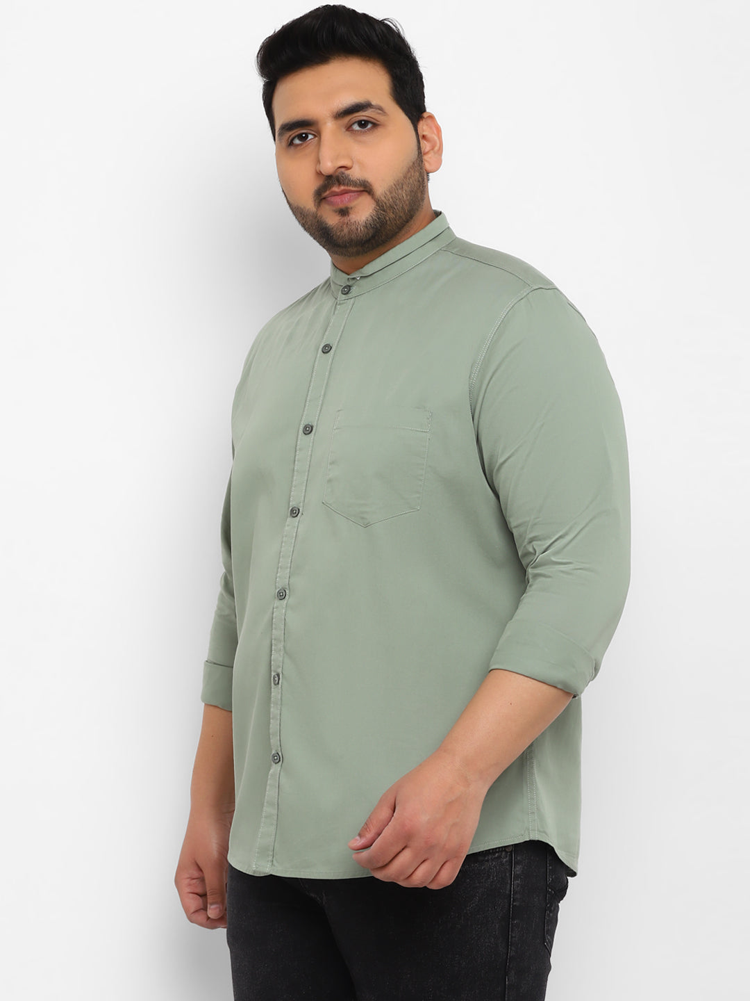 Plus Men's Green Cotton Full Sleeve Regular Fit Casual Solid Shirt with Mandarin Collar