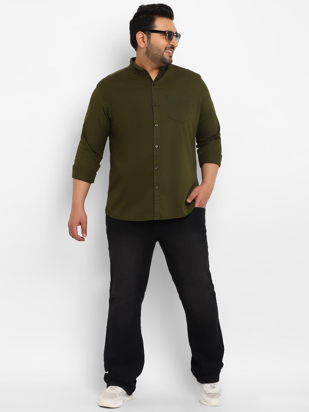 Plus Men's Green Cotton Full Sleeve Regular Fit Casual Solid Shirt with Mandarin Collar