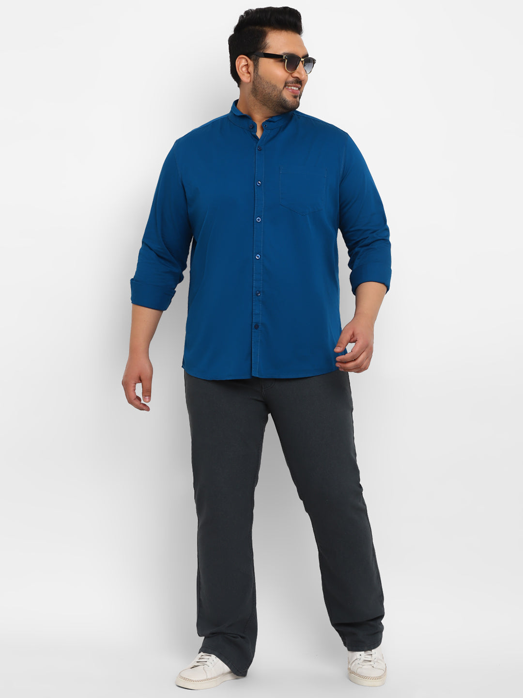 Plus Men's Royal Blue Cotton Full Sleeve Regular Fit Casual Solid Shirt with Mandarin Collar