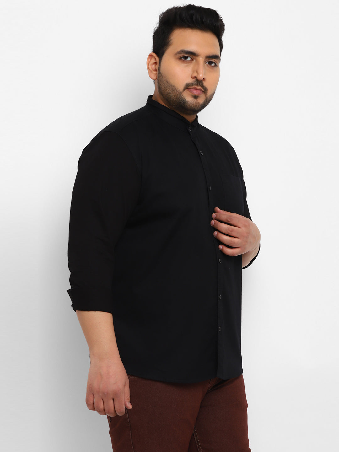 Plus Men's Black Cotton Full Sleeve Regular Fit Casual Solid Shirt with Mandarin Collar