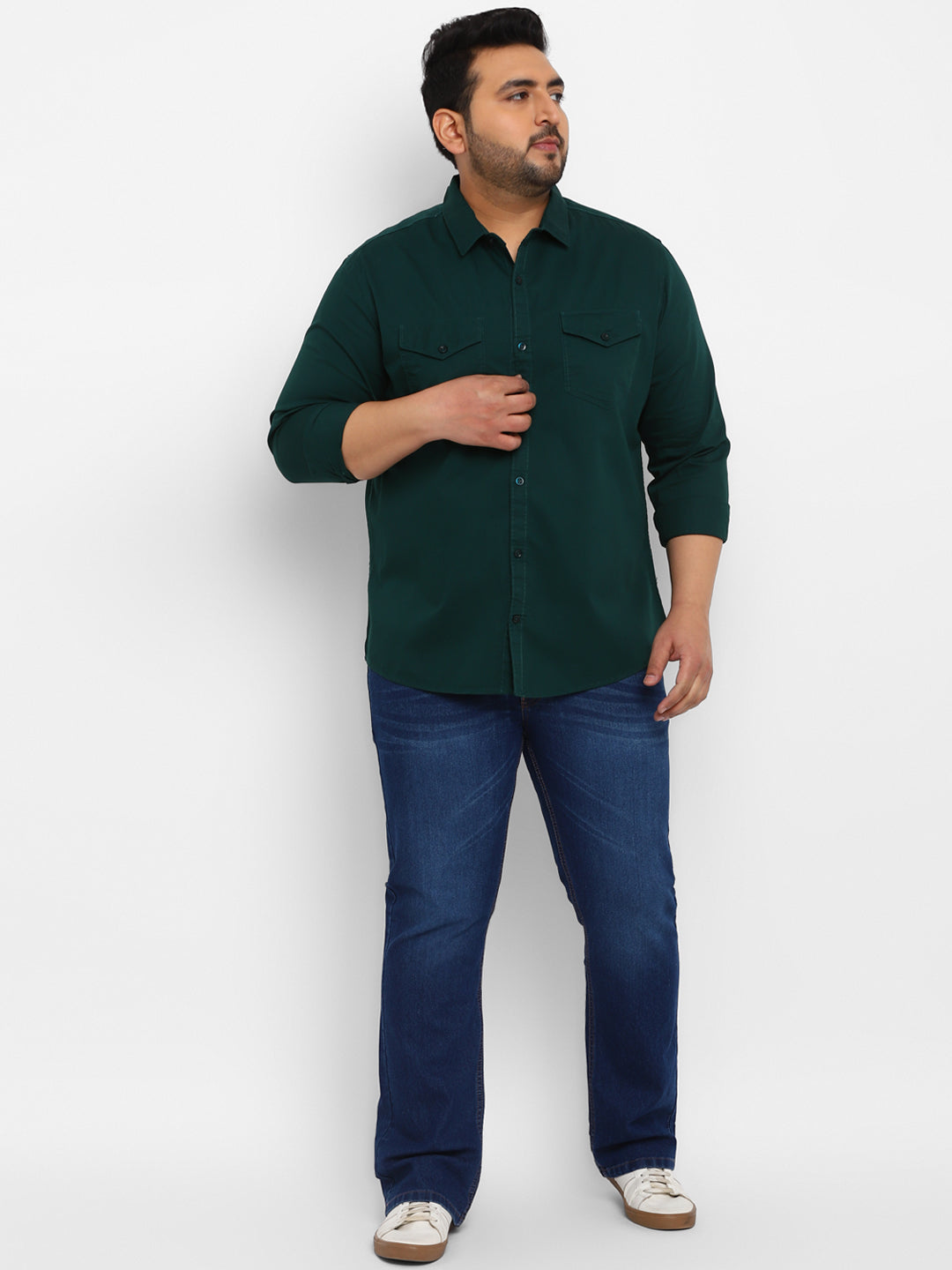 Plus Men's Green Cotton Full Sleeve Regular Fit Casual Solid Shirt