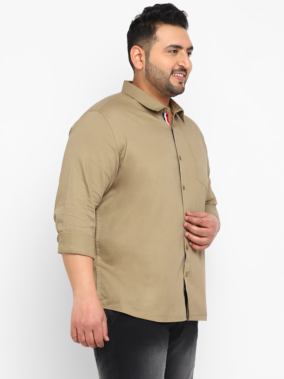 Plus Men's Khaki Cotton Full Sleeve Regular Fit Casual Solid Shirt