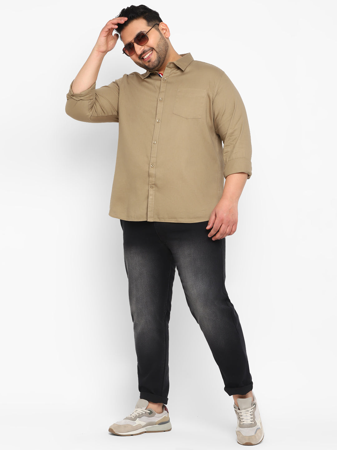 Plus Men's Khaki Cotton Full Sleeve Regular Fit Casual Solid Shirt