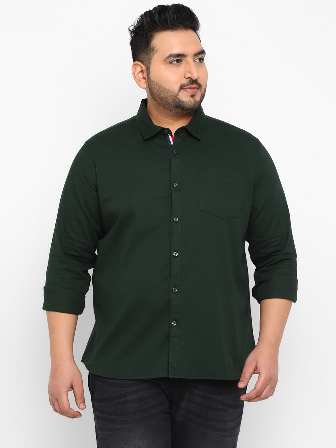 Plus Men's Olive Cotton Full Sleeve Regular Fit Casual Solid Shirt