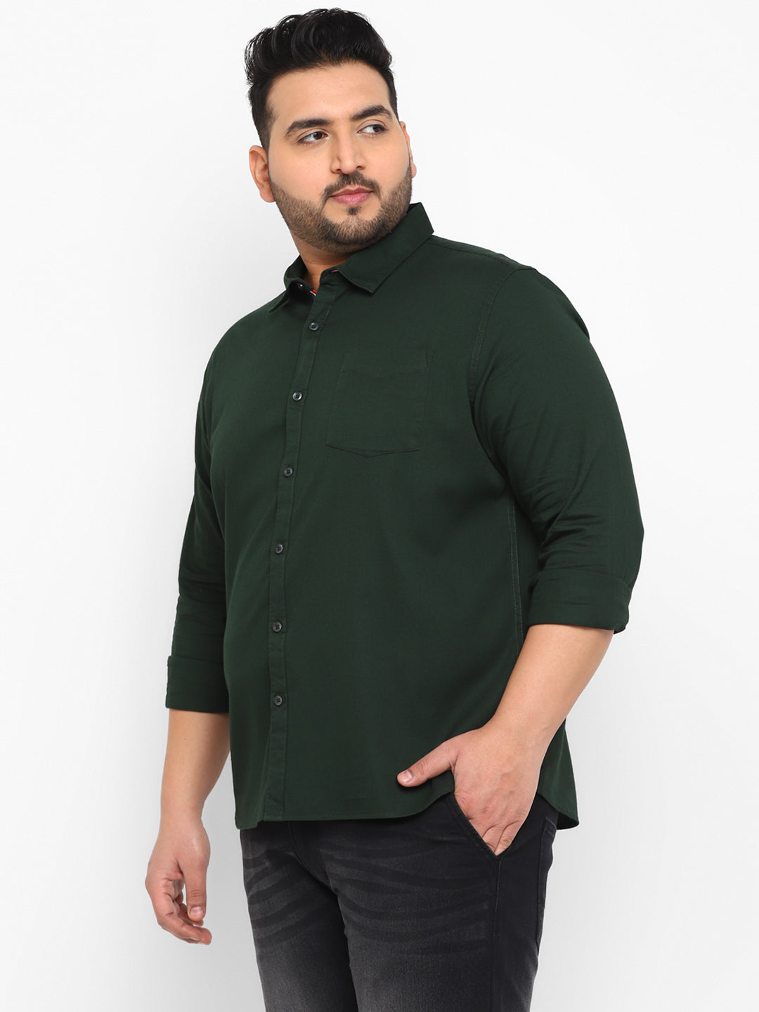Plus Men's Olive Cotton Full Sleeve Regular Fit Casual Solid Shirt