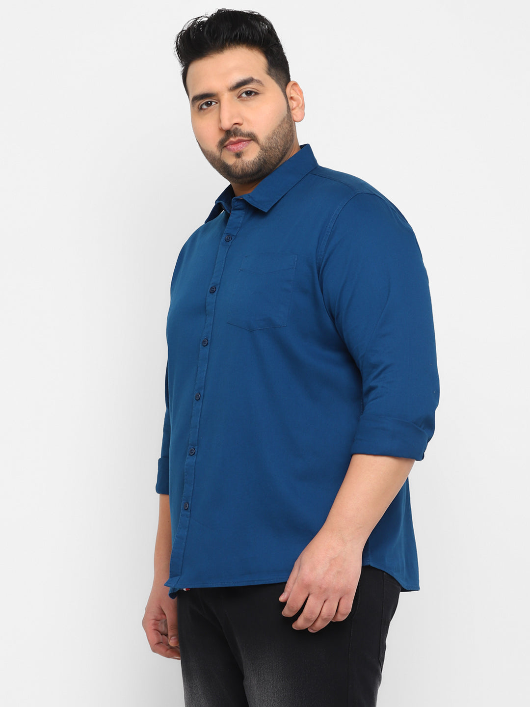 Plus Men's Blue Cotton Full Sleeve Regular Fit Casual Solid Shirt