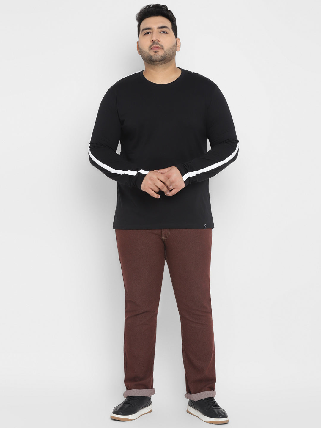 Plus Men's Black Color-Block Regular Fit Full Sleeve Cotton T-Shirt