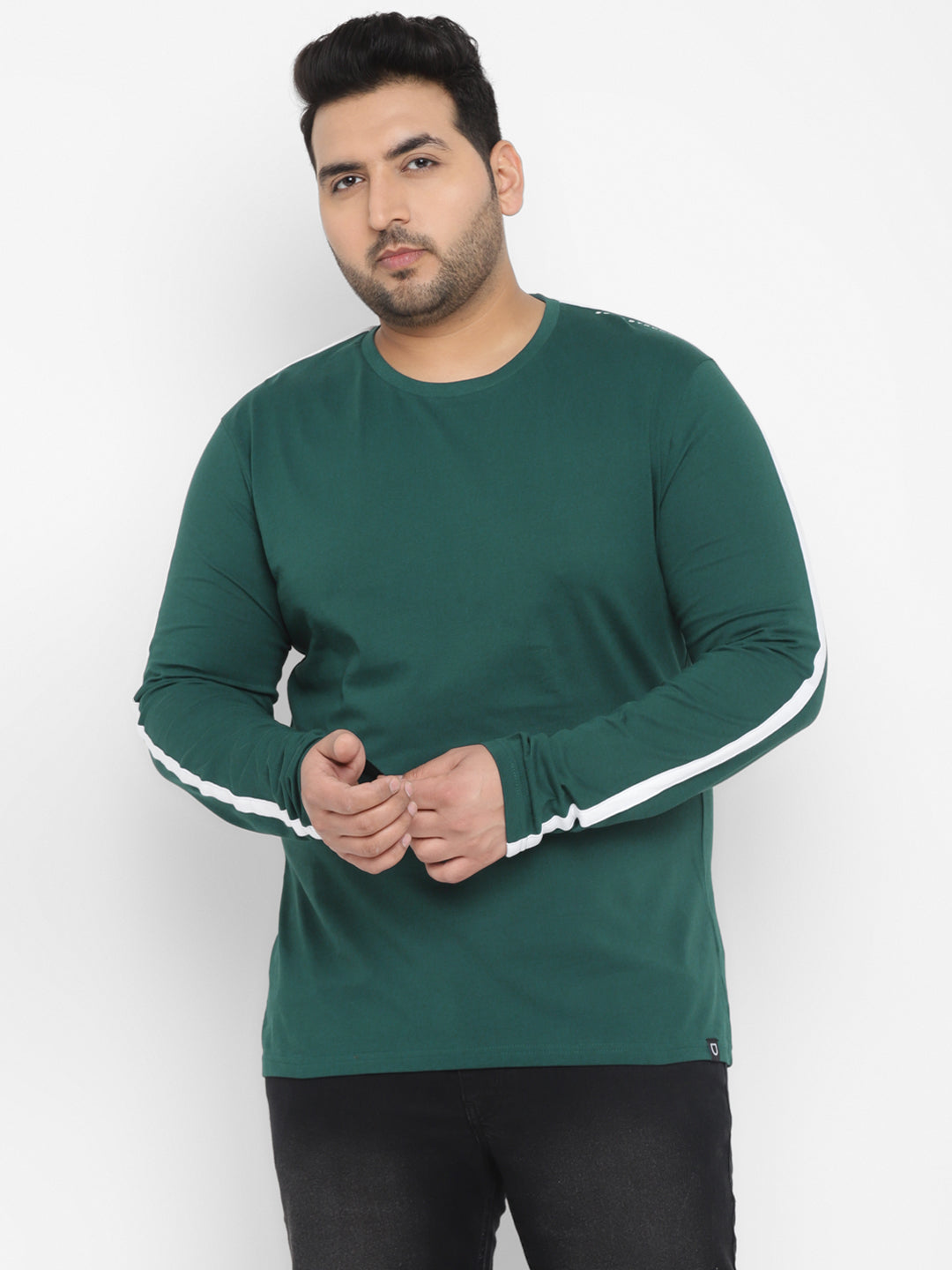 Plus Men's Green Color-Block Regular Fit Full Sleeve Cotton T-Shirt