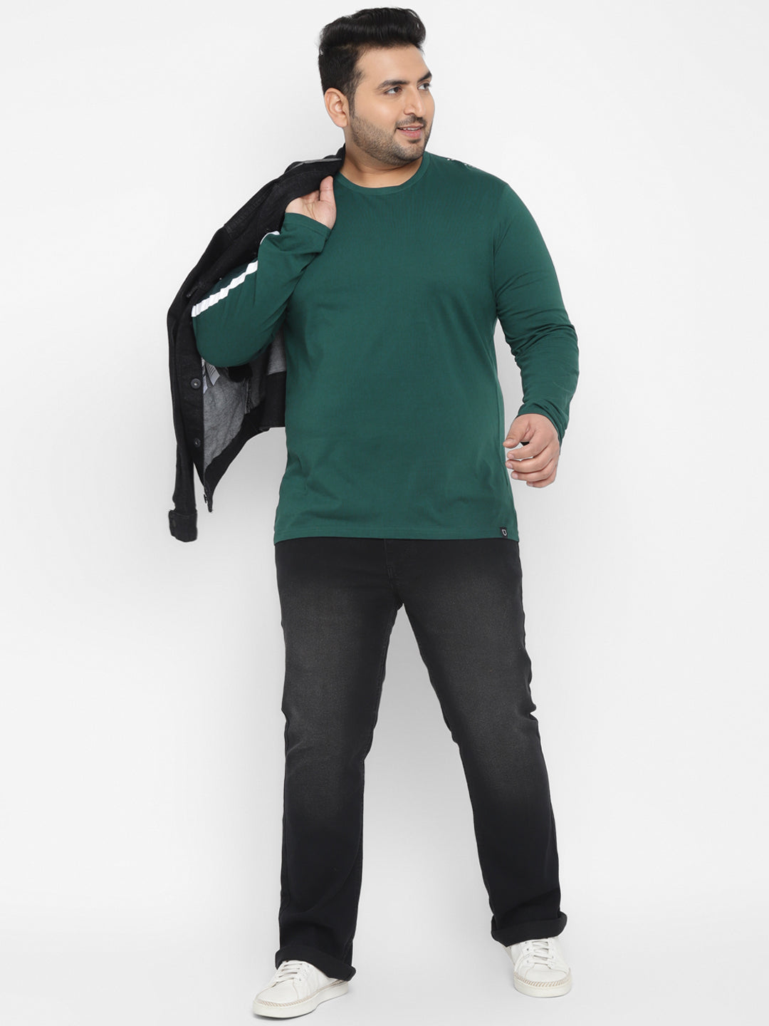 Plus Men's Green Color-Block Regular Fit Full Sleeve Cotton T-Shirt