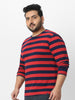 Plus Men's Red, Navy Blue Striped Regular Fit Full Sleeve Cotton T-Shirt