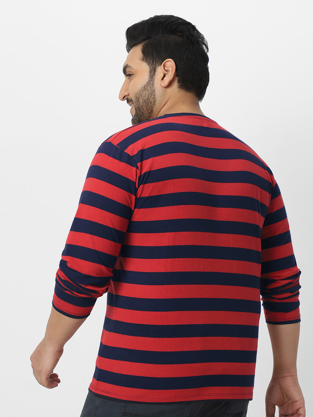 Plus Men's Red, Navy Blue Striped Regular Fit Full Sleeve Cotton T-Shirt