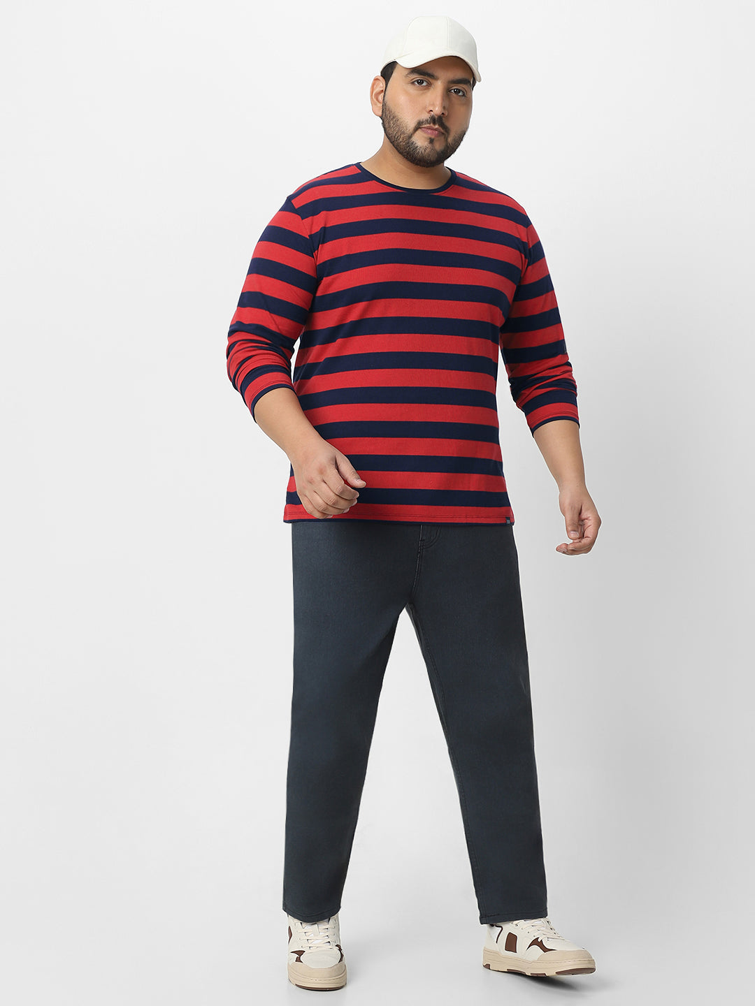 Plus Men's Red, Navy Blue Striped Regular Fit Full Sleeve Cotton T-Shirt