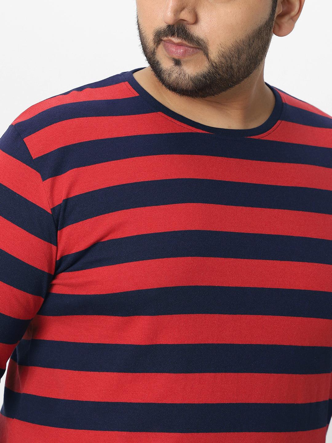 Plus Men's Red, Navy Blue Striped Regular Fit Full Sleeve Cotton T-Shirt