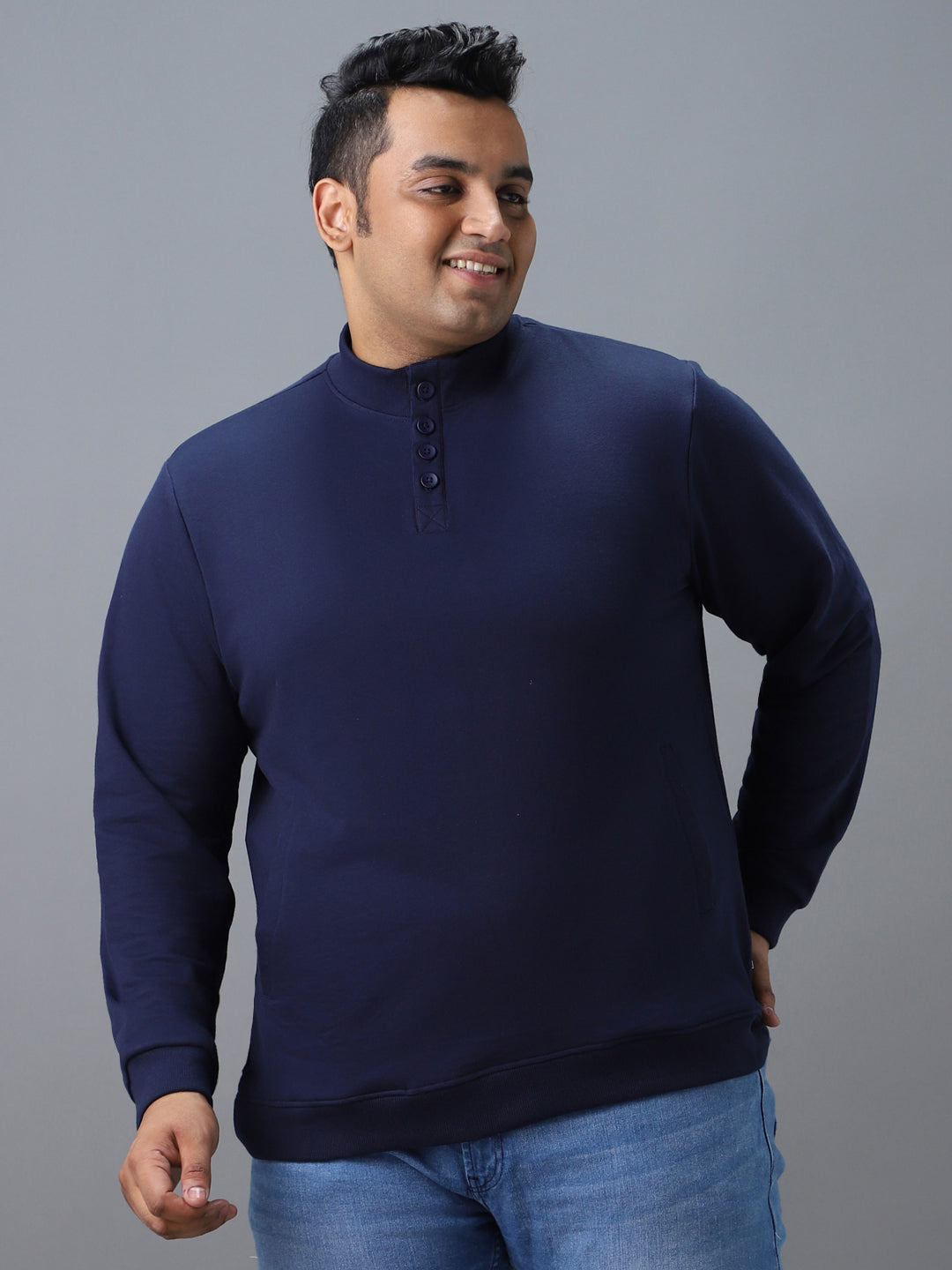 Plus Men's Blue Cotton Solid Button High Neck Sweatshirt