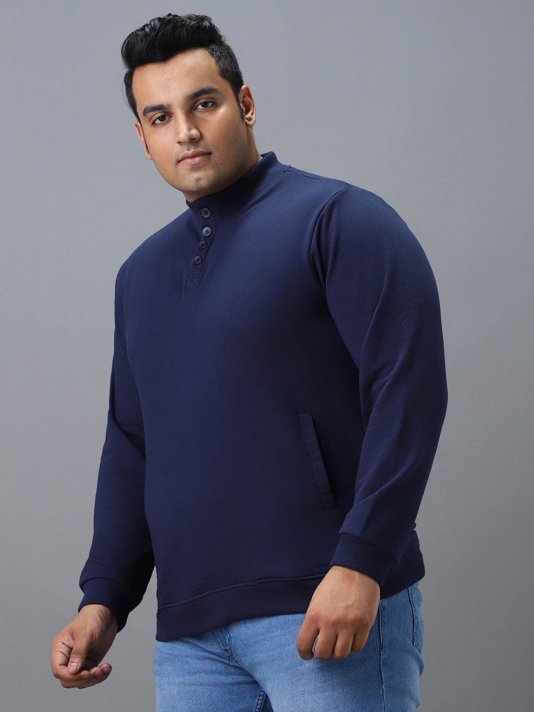 Plus Men's Blue Cotton Solid Button High Neck Sweatshirt