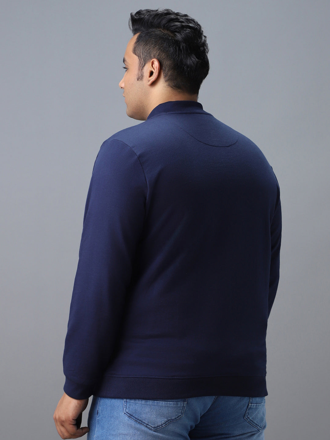 Plus Men's Blue Cotton Solid Button High Neck Sweatshirt