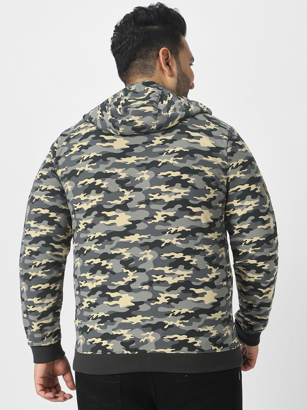 Plus Men's Grey Cotton Camouflage Printed Hooded Neck Sweatshirt