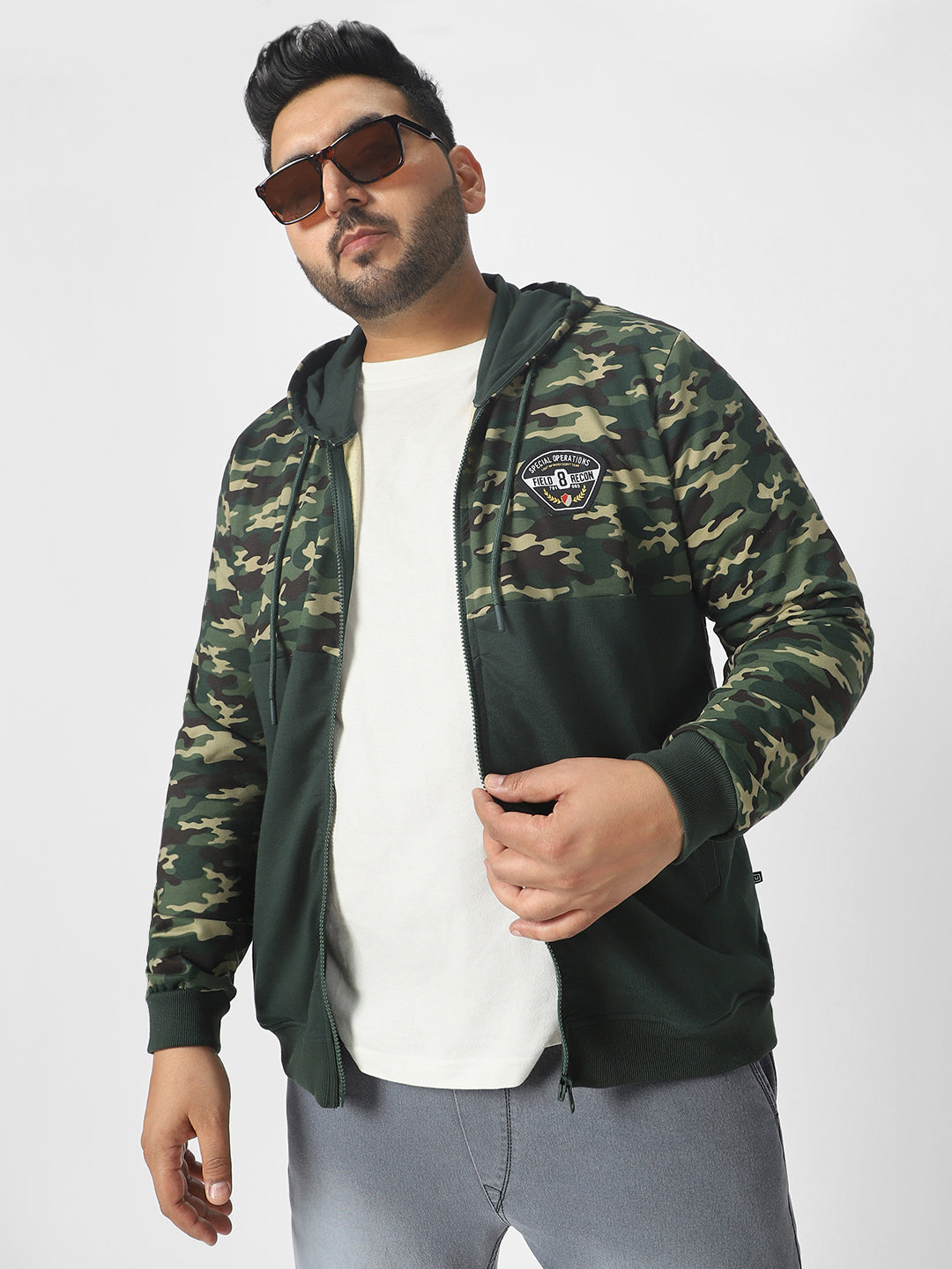 Plus Men's Green Cotton Camouflage Printed Hooded Neck Sweatshirt