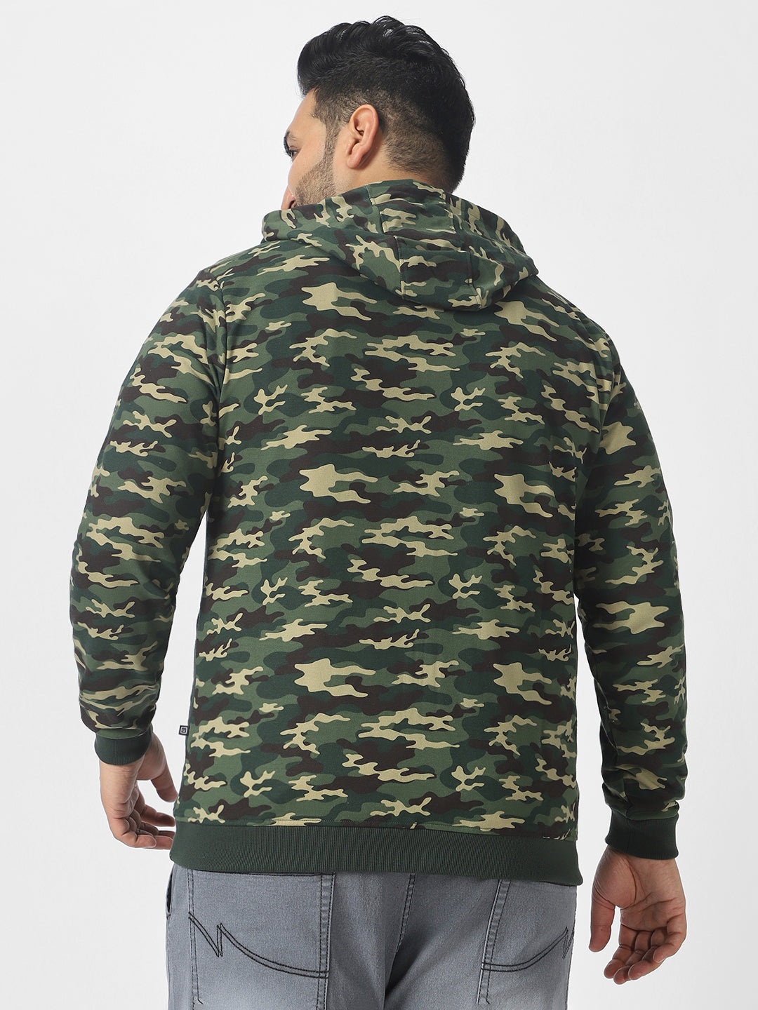 Plus Men's Green Cotton Camouflage Printed Hooded Neck Sweatshirt