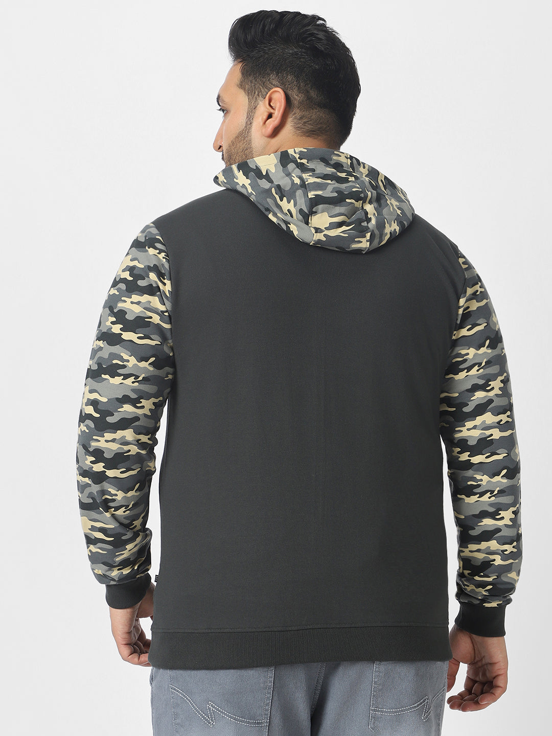 Plus Men's Grey Cotton Camouflage Printed Hooded Neck Sweatshirt