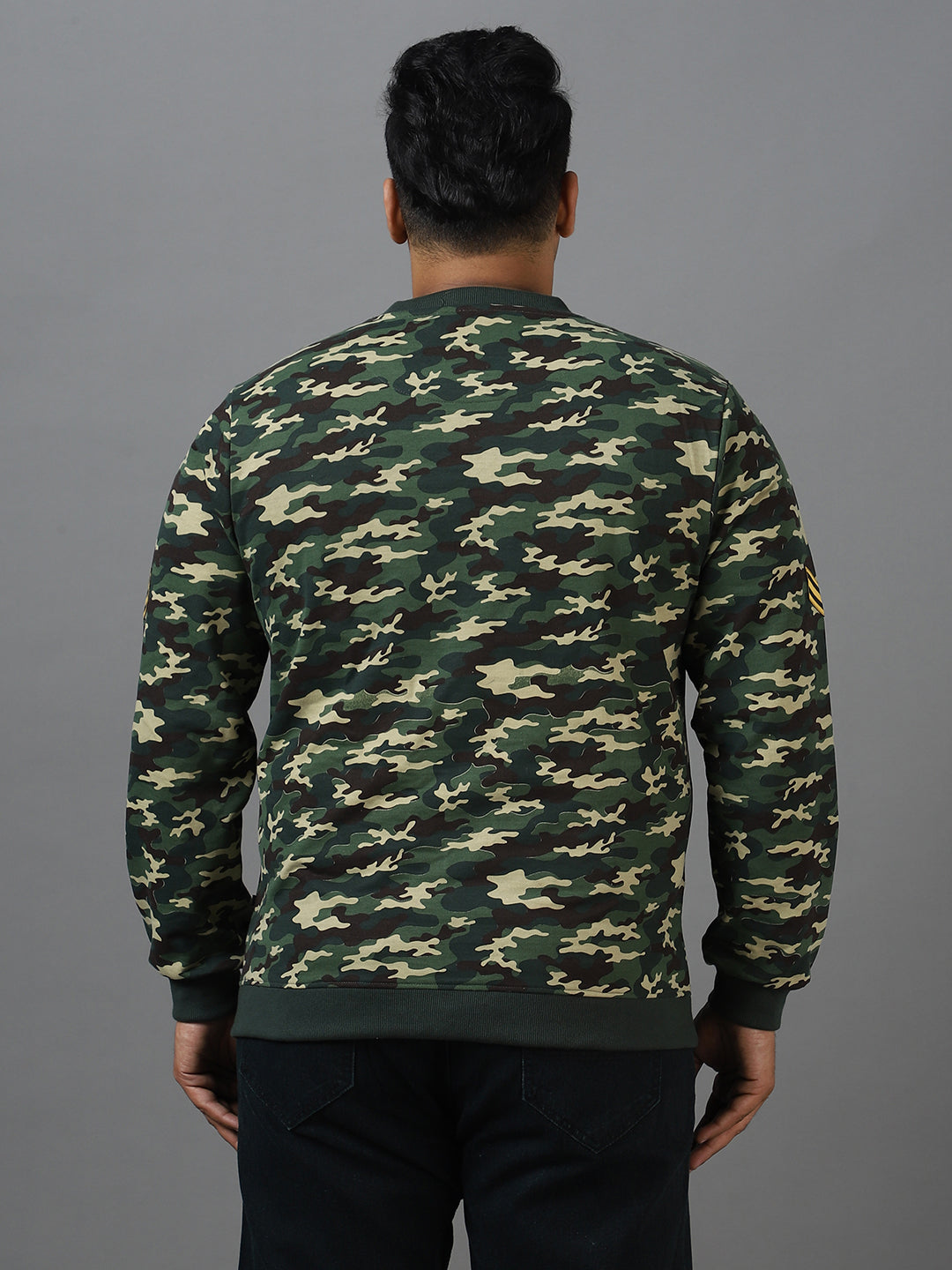 Plus Men's Green Cotton Camouflage Printed Round Neck Sweatshirt