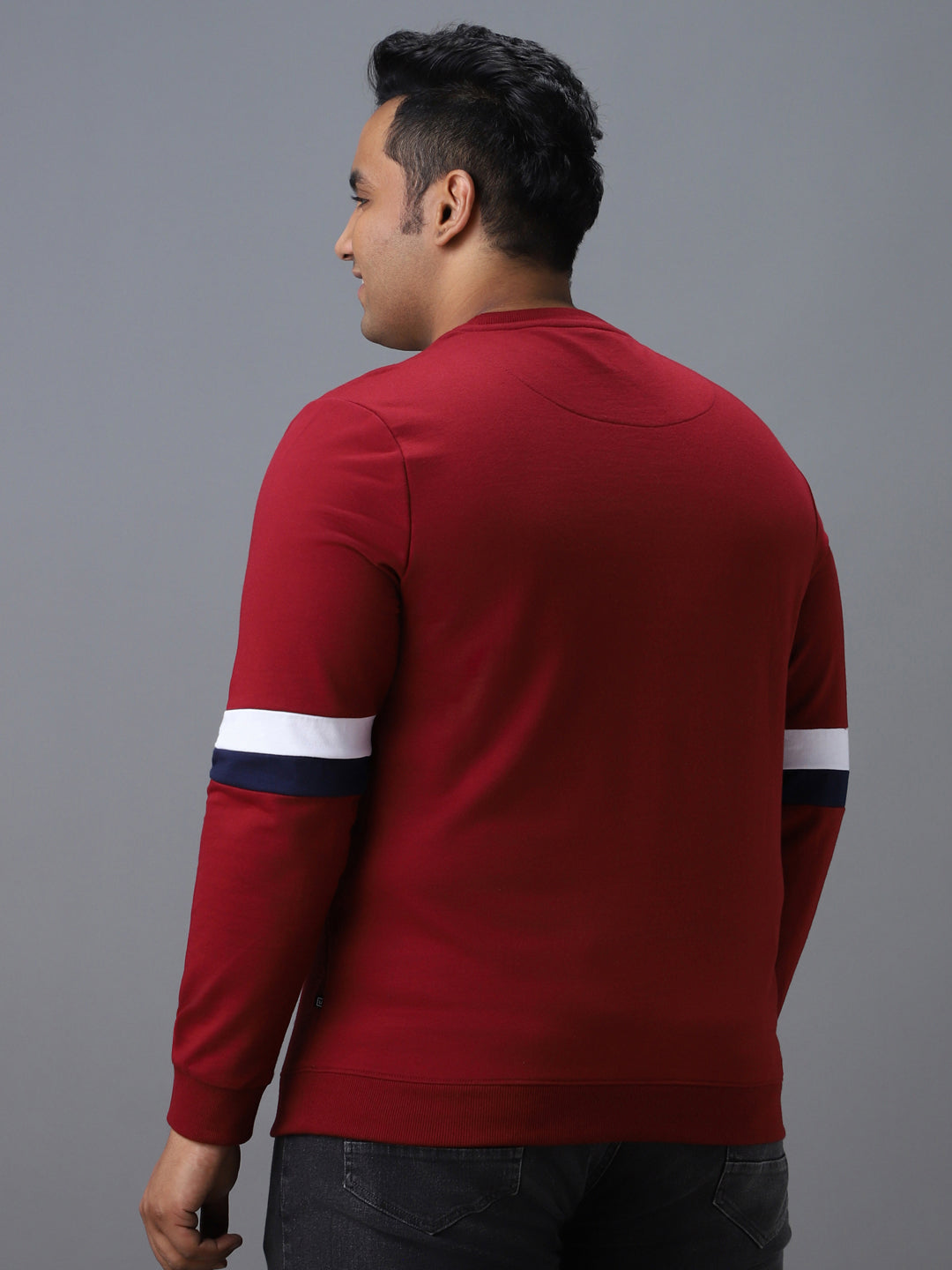 Plus Men's Red Cotton Color Block Round Neck Sweatshirt