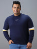 Plus Men's Blue Cotton Color Block Round Neck Sweatshirt