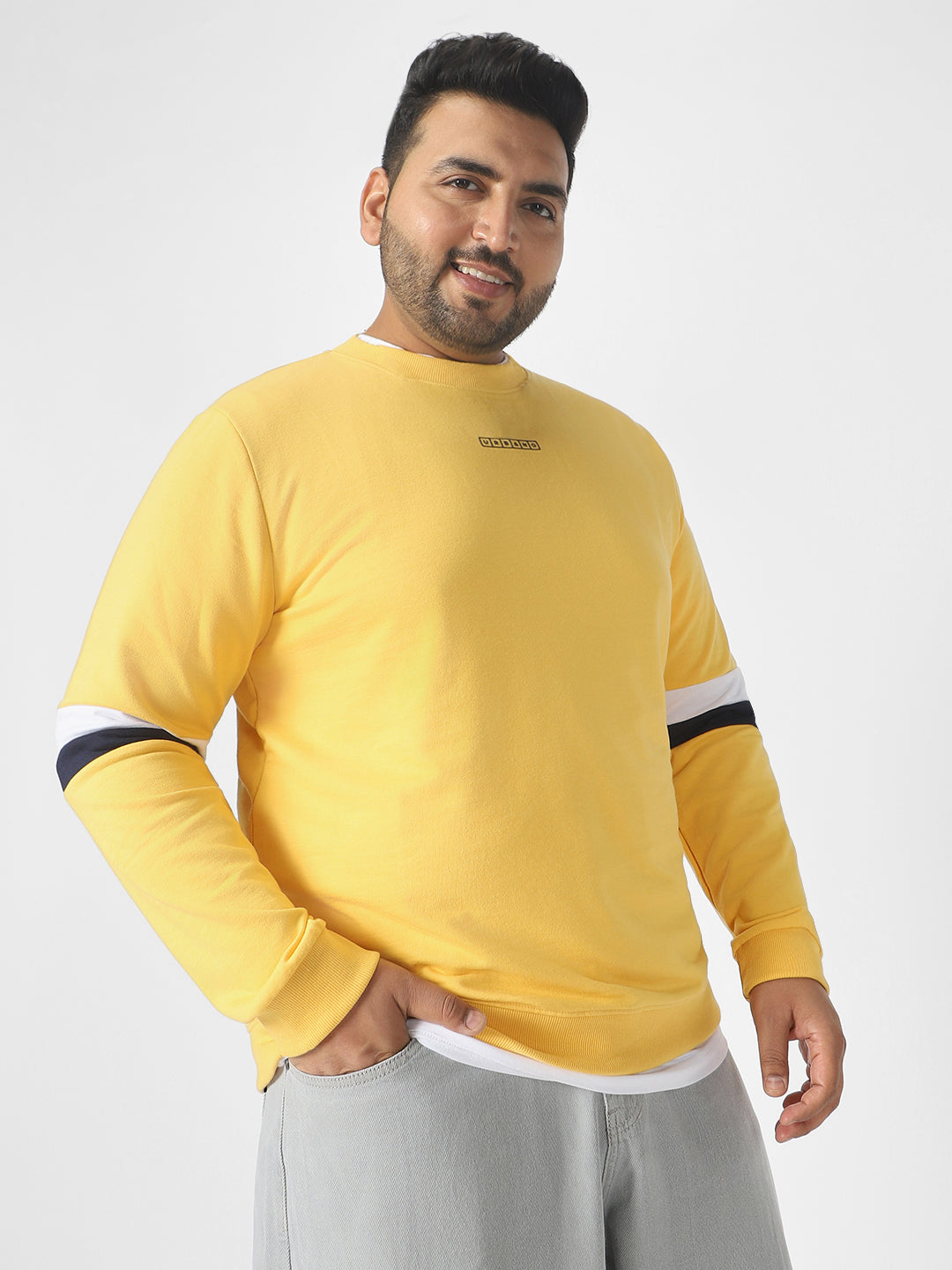 Plus Men's Yellow Cotton Color Block Round Neck Sweatshirt